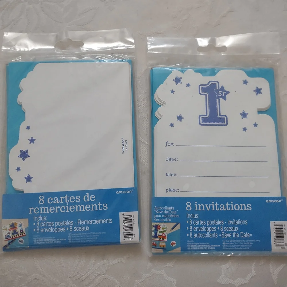 1st Birthday 8 invitations stickers  + 8 Thank You cards train airplanes cars
